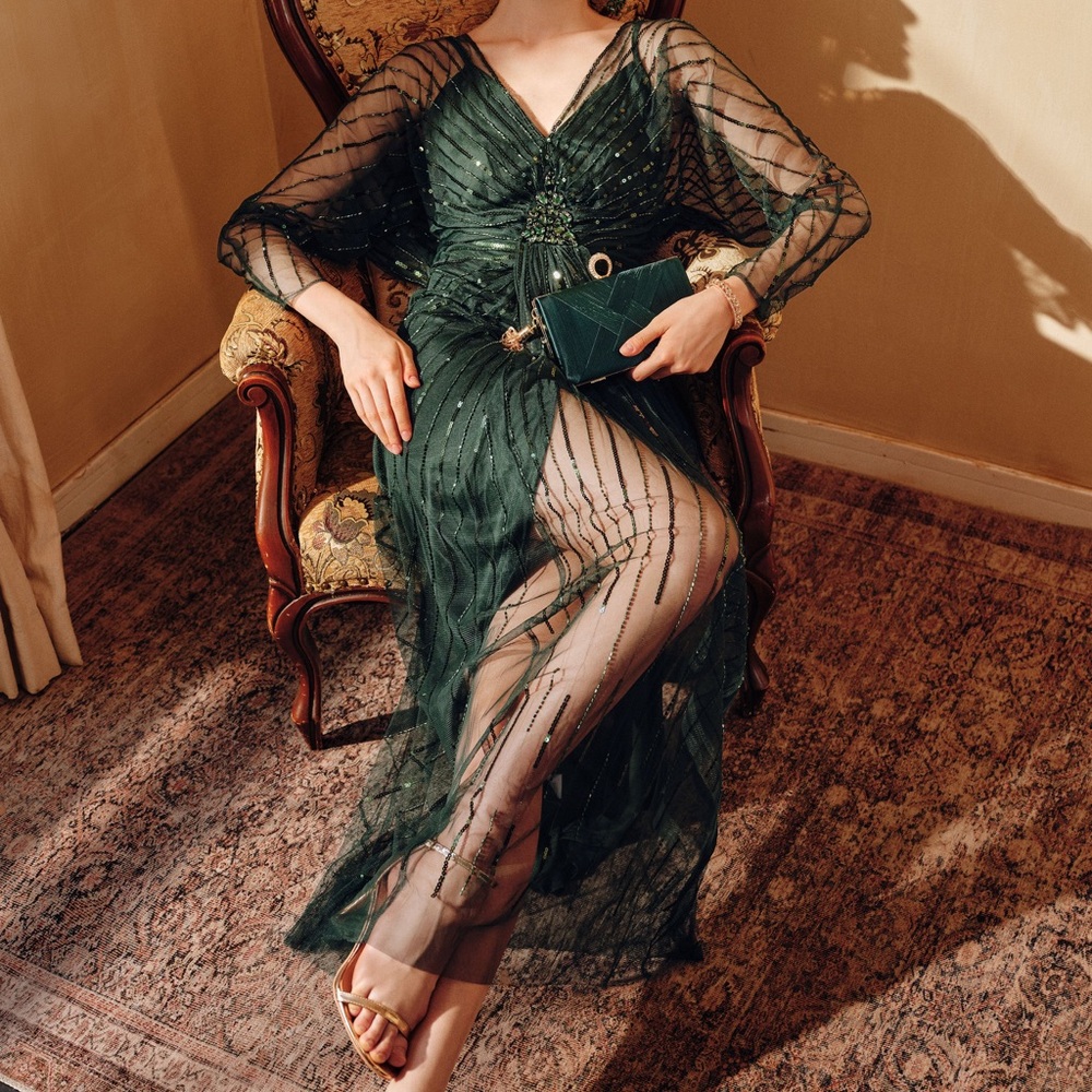 BaBeyonde Beaded Mesh Evening Gown – Emerald Green (NWT)